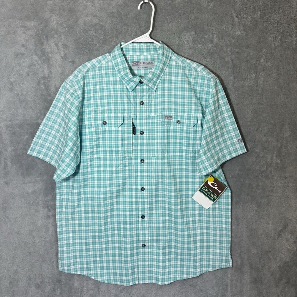 NWT Drake Clothing Co Teal Plaid Short Sleeve Button Shirt L Gorpcore Fishing
